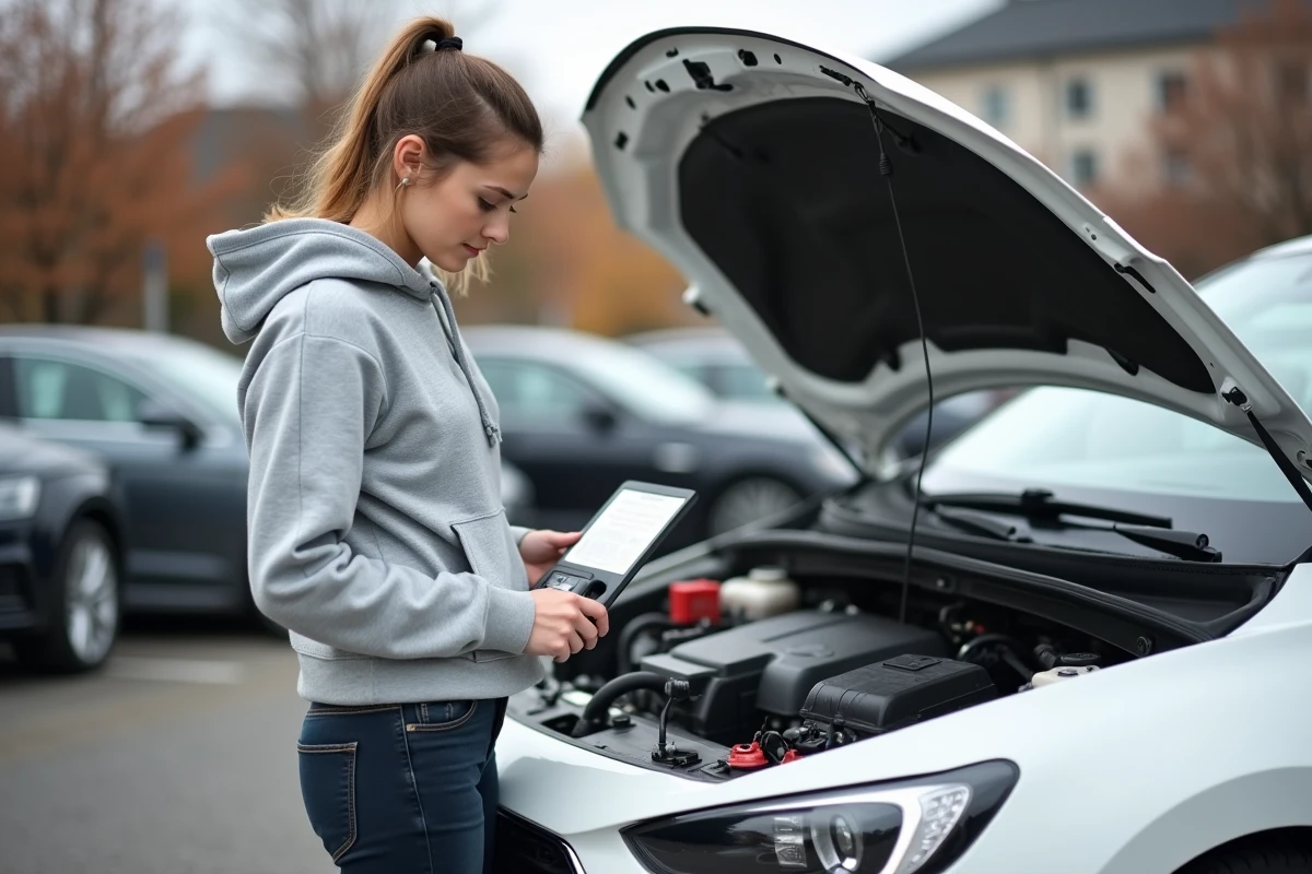 Femme rechargeant la batterie de sa voiture avec un chargeur portable sans la démonter dans un parking extérieur en automne