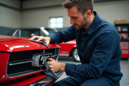 Homme fixant un logo Ford Mustang sur la calandre d'une Mustang rouge dans un garage privé