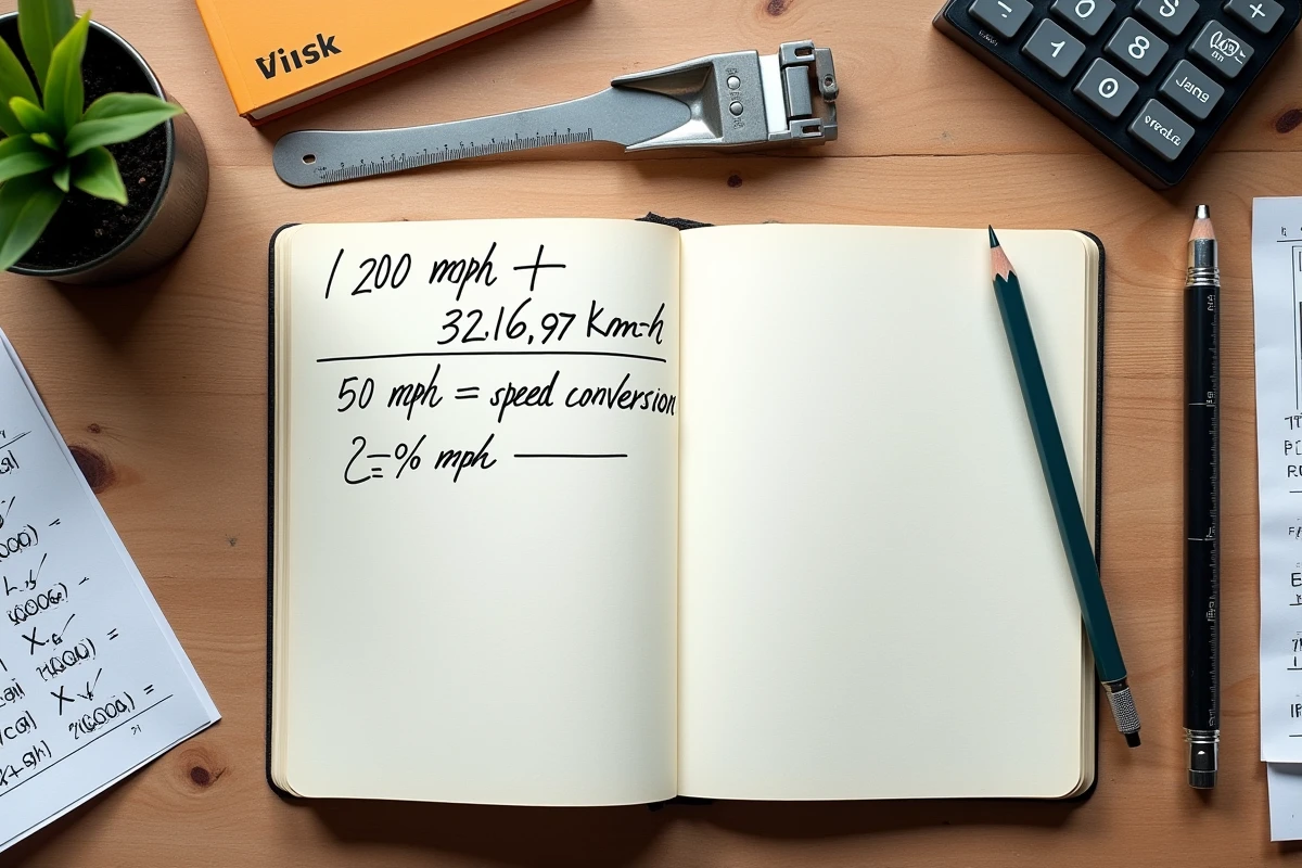 Cahier de notes avec la formule de conversion 200 mph en km/h écrite à la main sur un bureau en bois