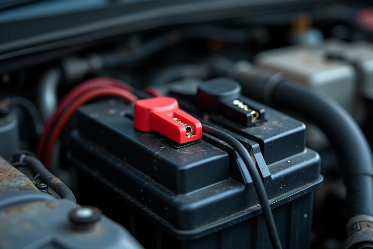 Gros plan sur les bornes d'une batterie de voiture rechargée par un chargeur branché sans démontage dans le compartiment moteur