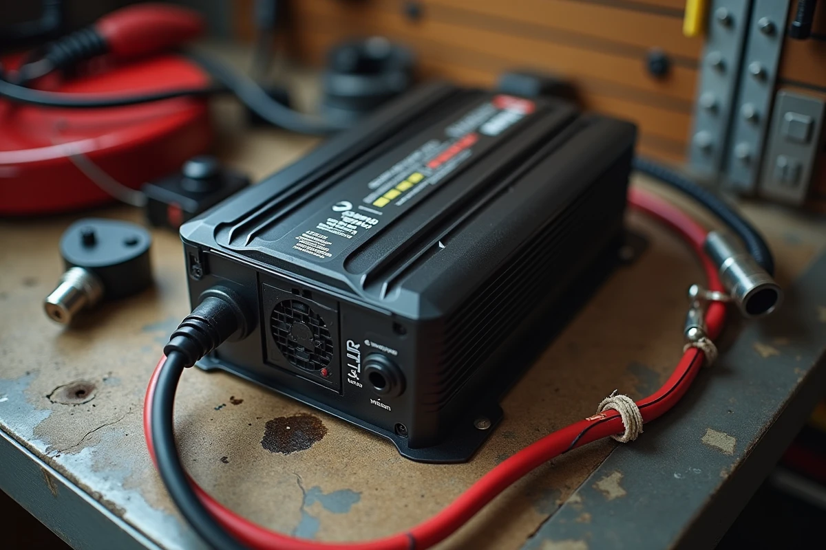 Gros plan d'un convertisseur 12V 220V posé sur un établi de garage avec des erreurs courantes d'installation visibles