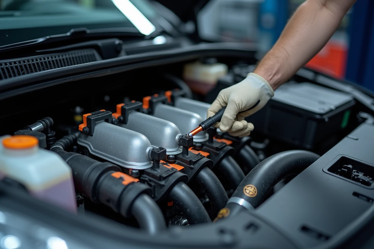 Gros plan sur le compartiment moteur d'un diesel 1.6 BlueHDi avec filtre à particules et injecteurs visibles