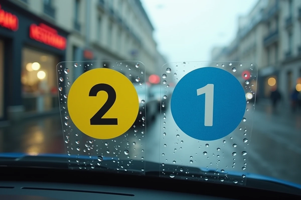 Gros plan sur des vignettes Crit'Air 1 et 2 collées sur un pare-brise de voiture avec des gouttes de condensation, symbole des restrictions ZFE 2026