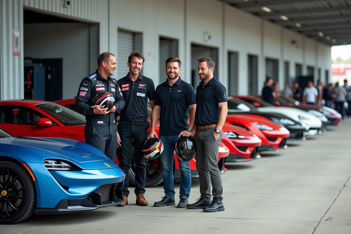 Groupe de participants d'un stage de pilotage sur circuit discutant dans le paddock avec des voitures de sport