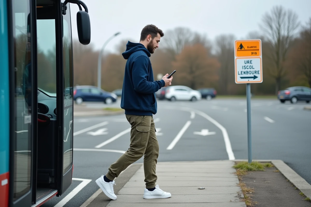 Homme descendant d'un bus et consultant son téléphone pour rejoindre le parking de covoiturage Vinci Autoroutes à La Chapelle Saint Mesmin