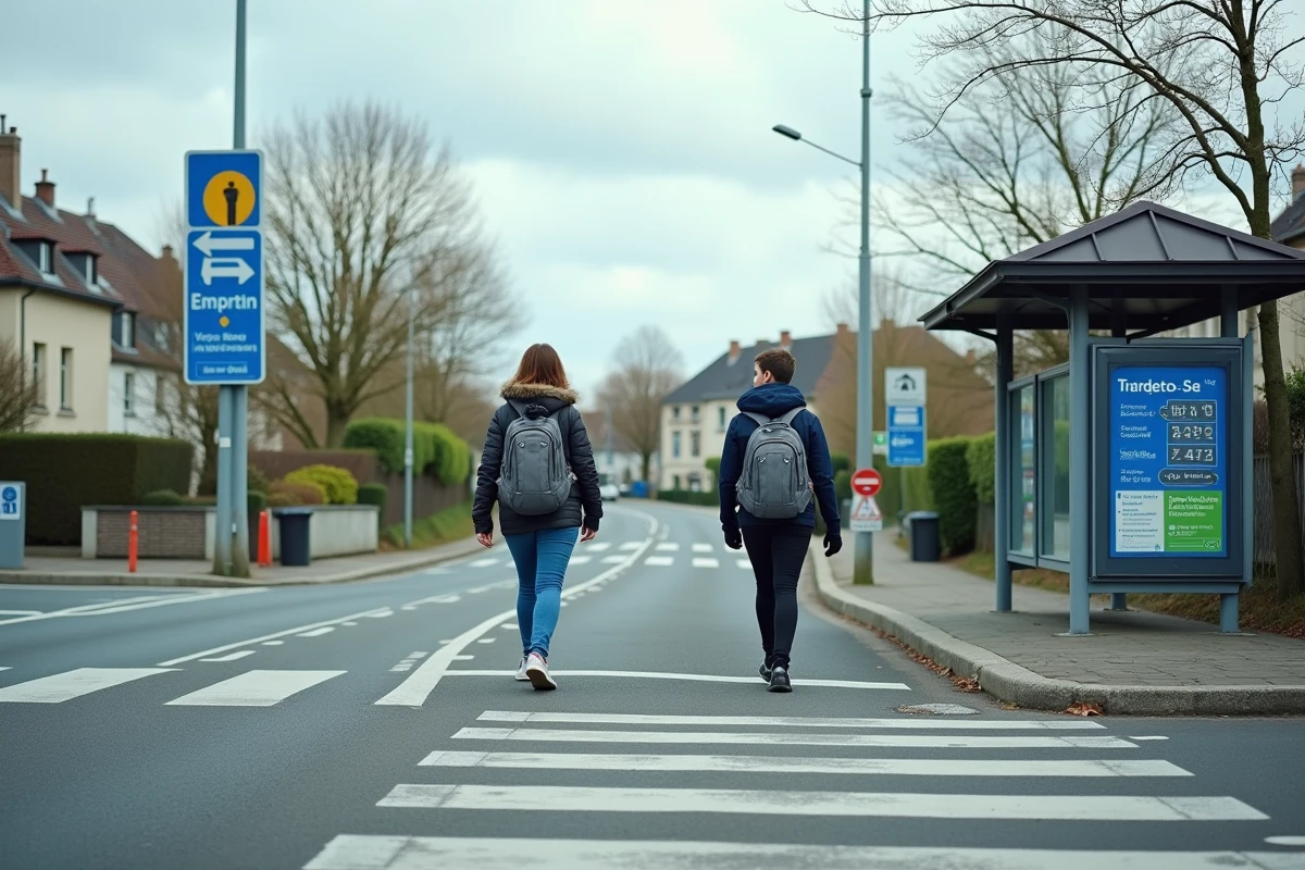 Vue large d'une intersection piétonne avec signalétique menant au parking de covoiturage Vinci Autoroutes de La Chapelle Saint Mesmin et arrêt de bus