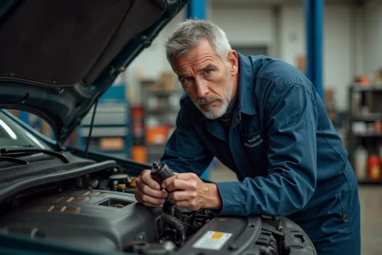 Mécanicien inspectant un moteur 1.6 BlueHDi 120 dans un atelier automobile indépendant