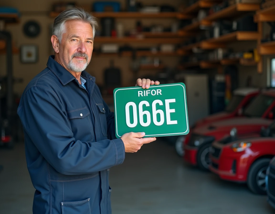 Mécanicien tenant une plaque verte de collection dans un garage privé bien équipé