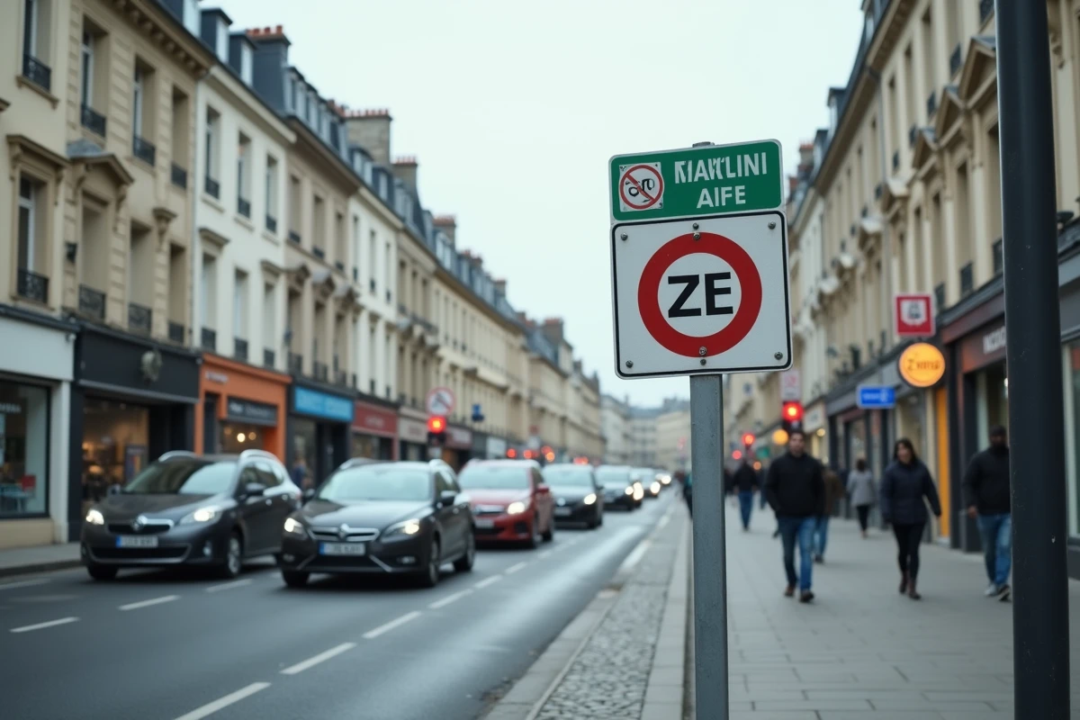 Panneau de zone à faibles émissions ZFE à l'entrée d'une ville française avec file de voitures et vignettes Crit'Air visibles sur les pare-brise