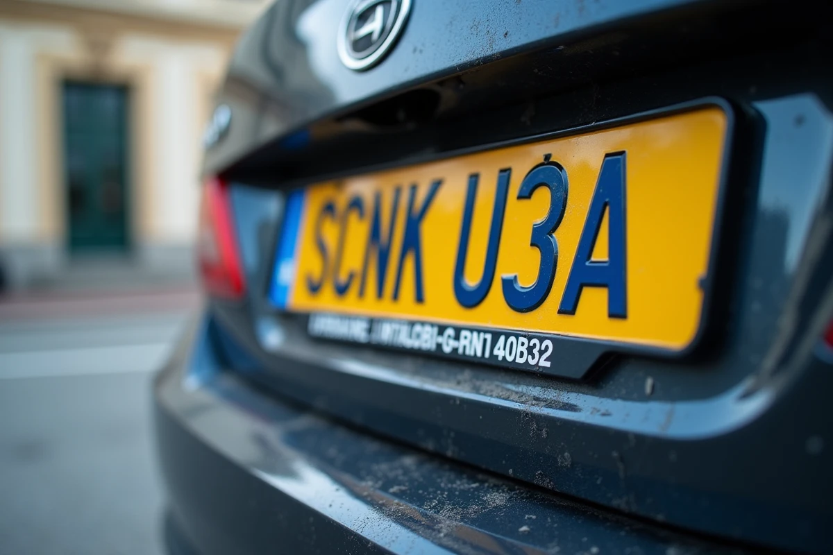 Plaque d'immatriculation ukrainienne UA sur une voiture importée garée devant un bâtiment administratif français