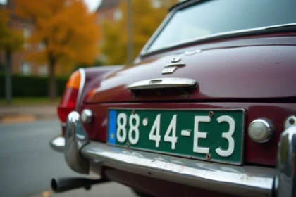 Plaque d'immatriculation verte sur une voiture ancienne en France, vue rapprochée sur fond de rue arborée