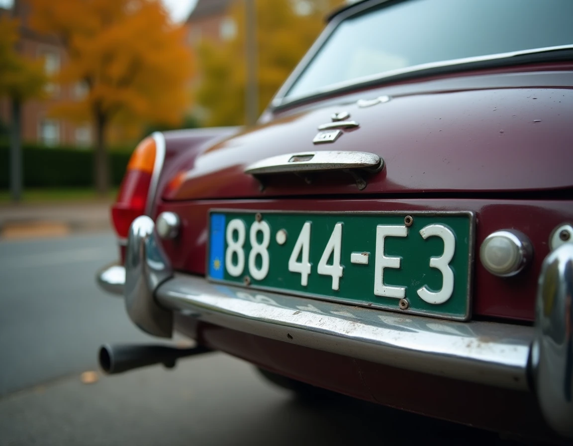 Plaque d'immatriculation verte sur une voiture ancienne en France, vue rapprochée sur fond de rue arborée