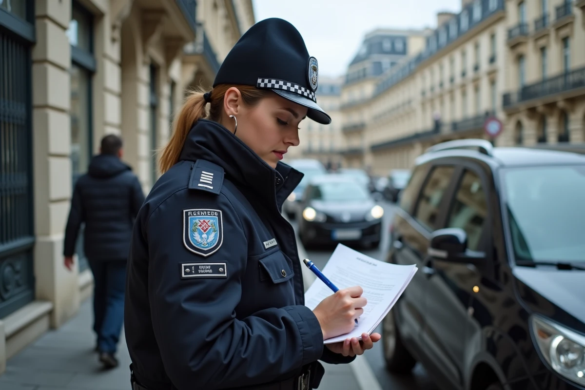 Policière municipale rédigeant un procès-verbal pour une contravention de 5ème classe en milieu urbain