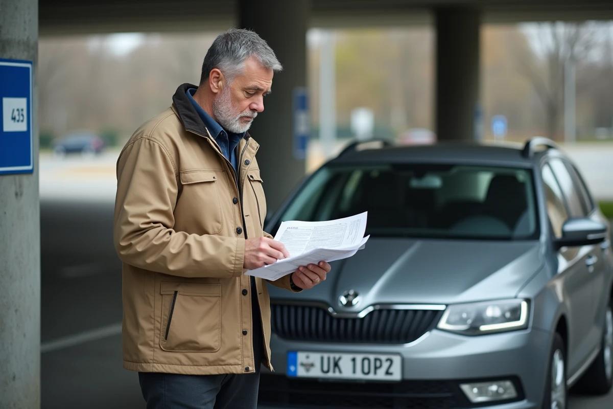 Propriétaire de voiture importée d'Ukraine consultant des documents administratifs près de sa plaque UA en France