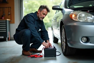 Mécanicien branchant un chargeur de batterie sur une voiture sans démonter la batterie dans un garage résidentiel