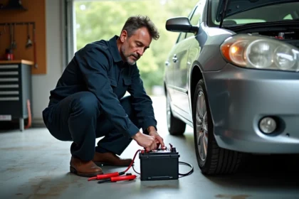Mécanicien branchant un chargeur de batterie sur une voiture sans démonter la batterie dans un garage résidentiel