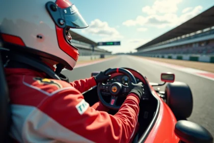 Pilote en combinaison de course au volant d'un bolide sur circuit de pilotage lors d'un stage tousenbagnole.fr