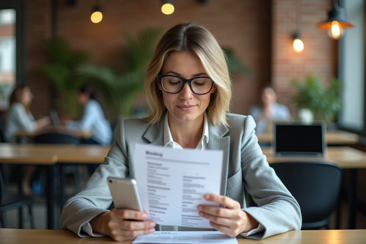 Femme vérifiant la fiabilité d'une petite annonce en croisant plusieurs sources d'information dans un espace de coworking