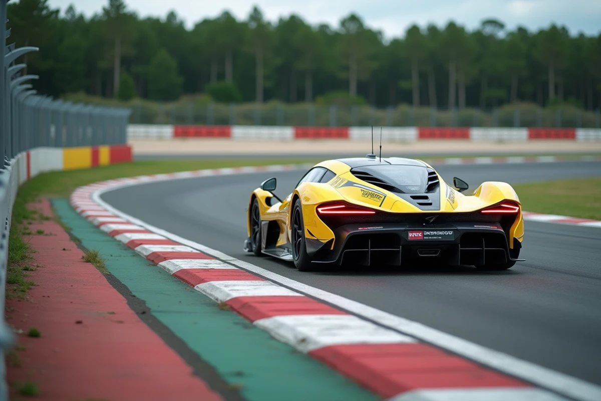 Voiture de sport en pleine accélération dans un virage sur circuit lors d'un stage de pilotage professionnel