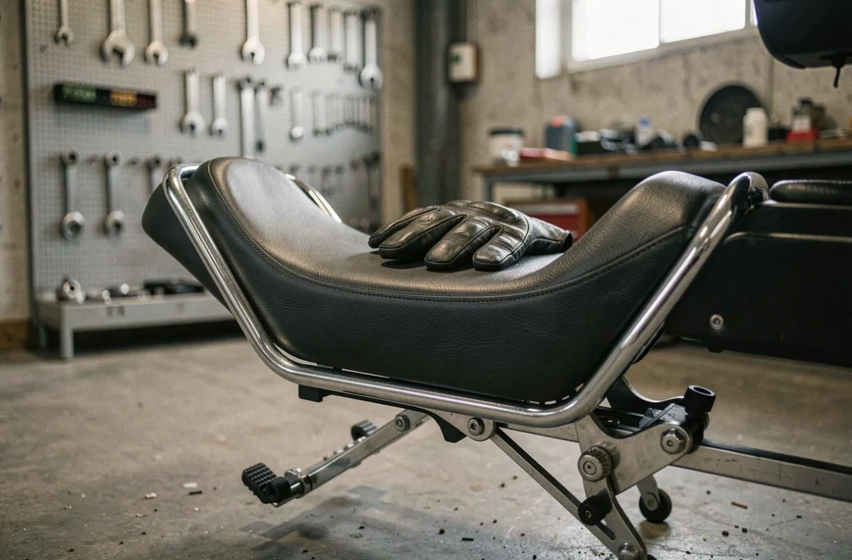 Détail des accessoires de confort passager moto : selle gel, repose-pieds réglables et poignées de maintien