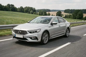 Berline essence fiable roulant à grande vitesse sur une autoroute française bordée de verdure