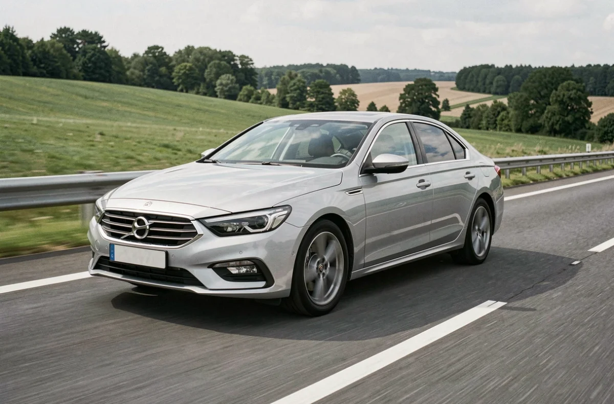 Berline essence fiable roulant à grande vitesse sur une autoroute française bordée de verdure