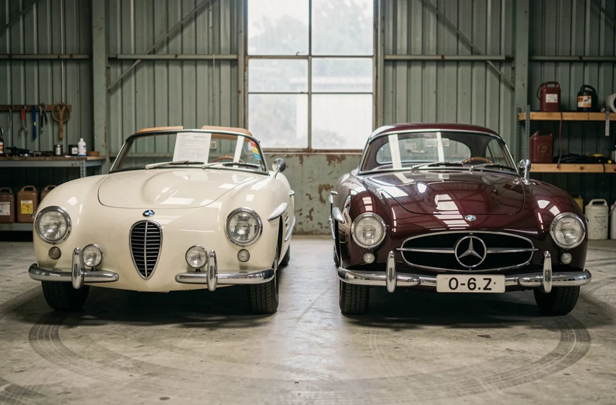 BMW 507 blanc crème et Mercedes 300 SL bordeaux côte à côte dans un garage privé restauré style mi-siècle pour comparaison de roadsters de collection