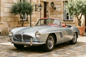 BMW 507 roadster de collection en finition bleu argenté garé sur une place pavée européenne avec capote baissée et intérieur en cuir rouge visible