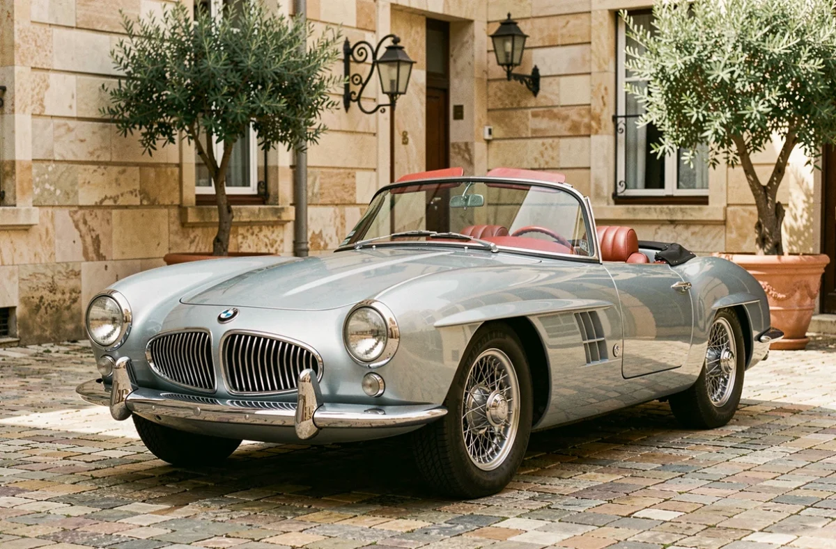 BMW 507 roadster de collection en finition bleu argenté garé sur une place pavée européenne avec capote baissée et intérieur en cuir rouge visible