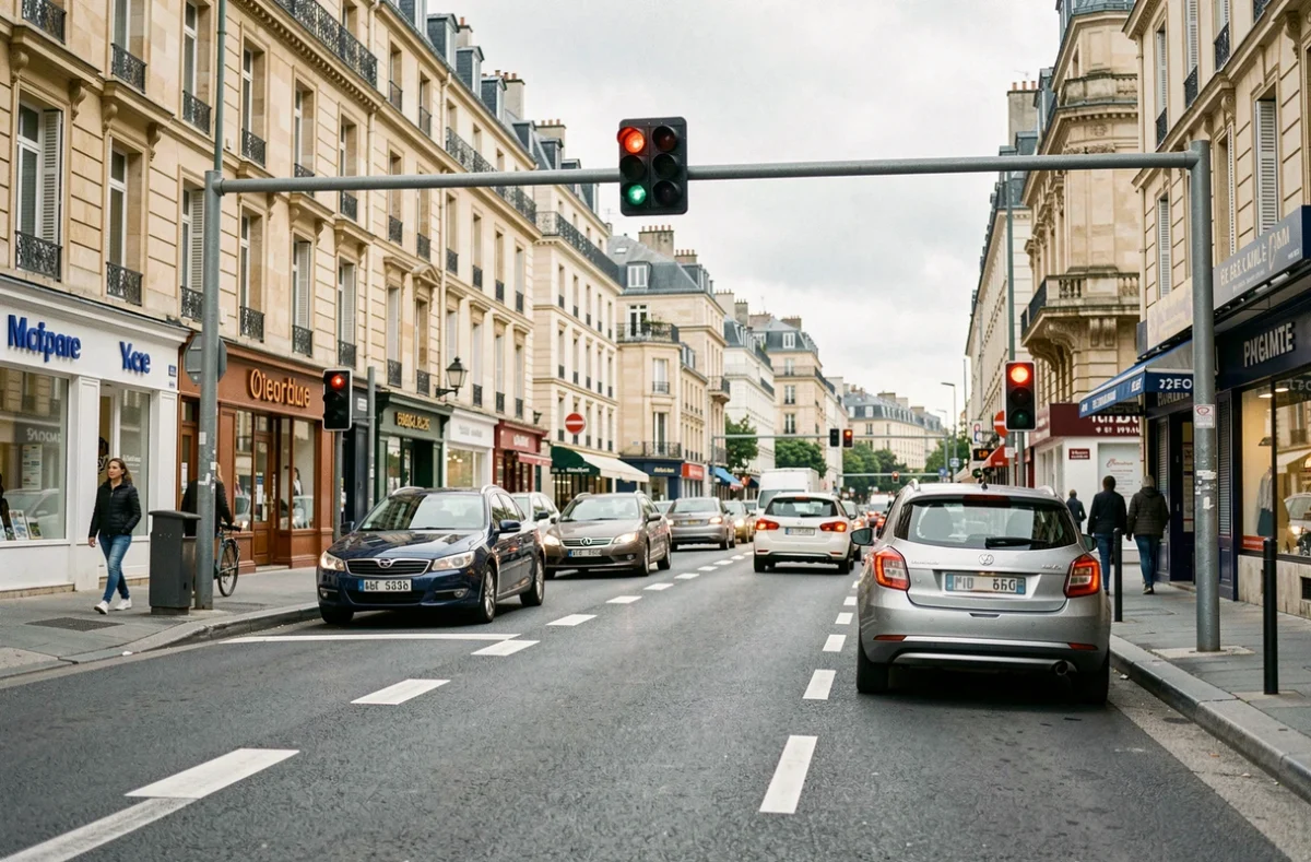 Caméra de contrôle de zone ZFE au-dessus d'une rue française avec des voitures en attente