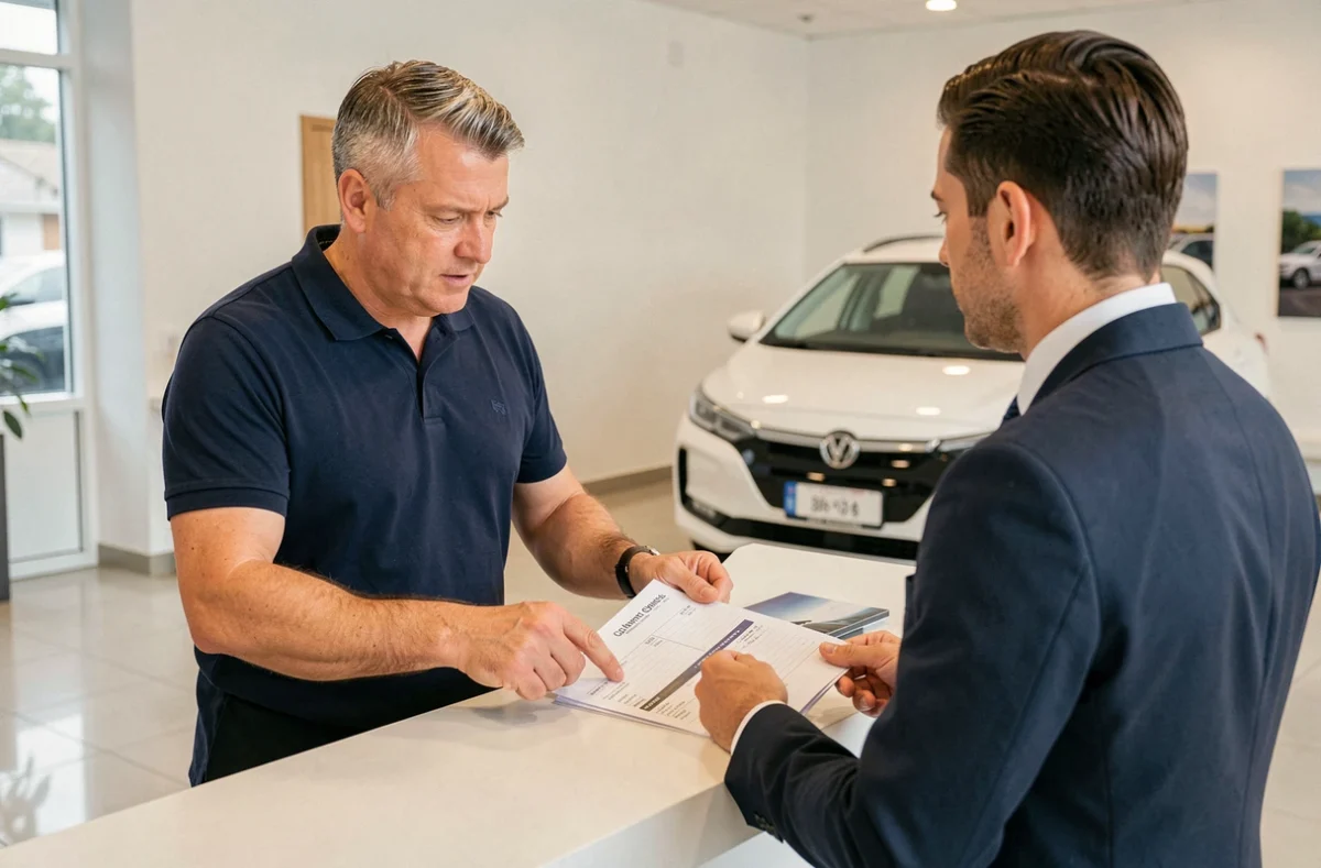 Client et conseiller examinant les chevaux fiscaux sur une carte grise dans une concession automobile