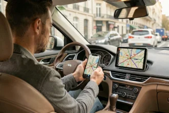Conducteur consultant une application de trafic sur smartphone dans sa voiture en Île-de-France