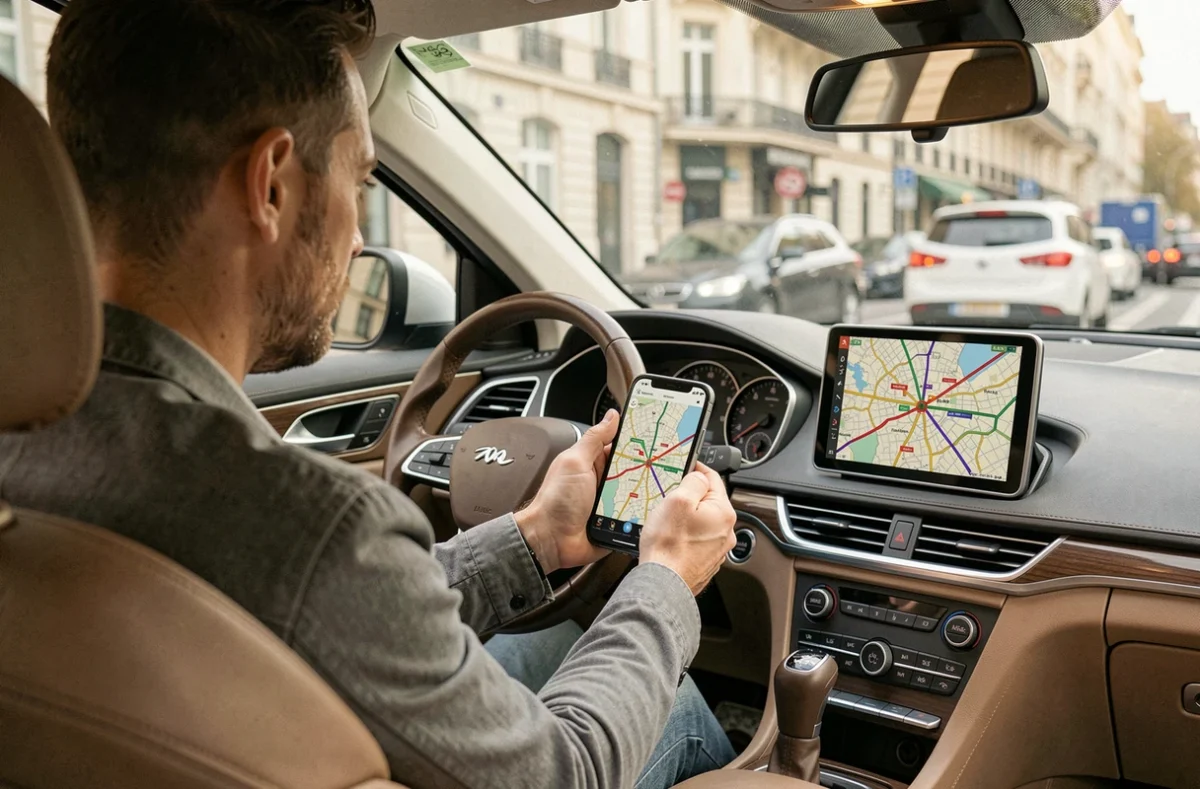 Conducteur consultant une application de trafic sur smartphone dans sa voiture en Île-de-France