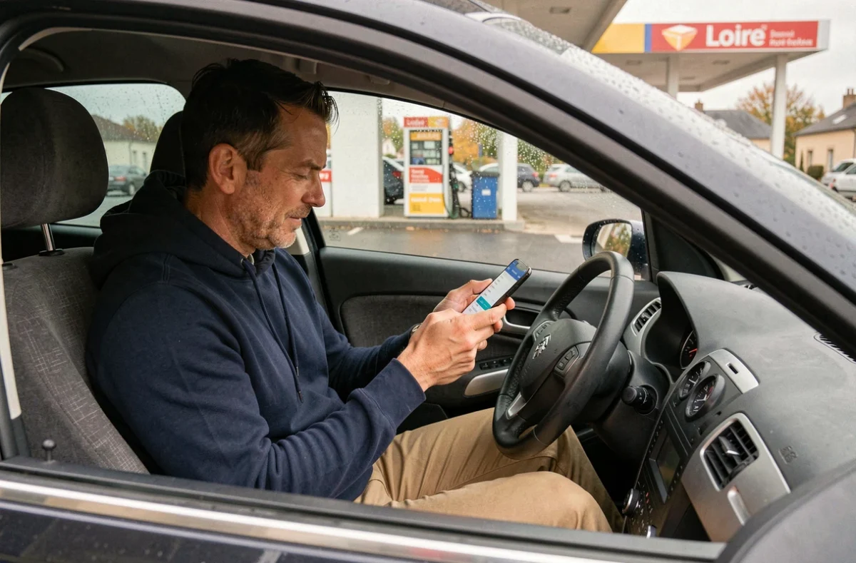 Conducteur consultant une application de comparaison des prix de l'essence sur smartphone avant de faire le plein à Roanne