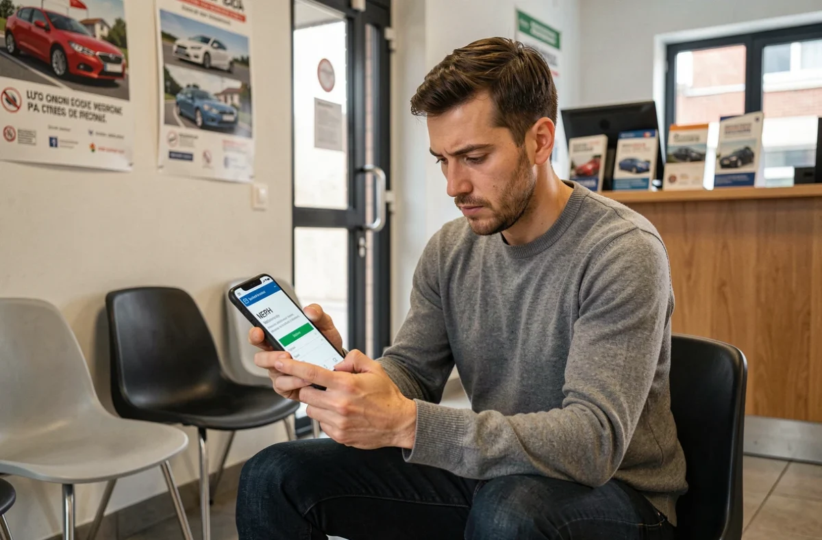 Homme consultant la validité de son numéro NEPH sur smartphone dans une auto-école