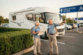 Couple de camping-caristes consultant une carte routière sur une aire d'autoroute française