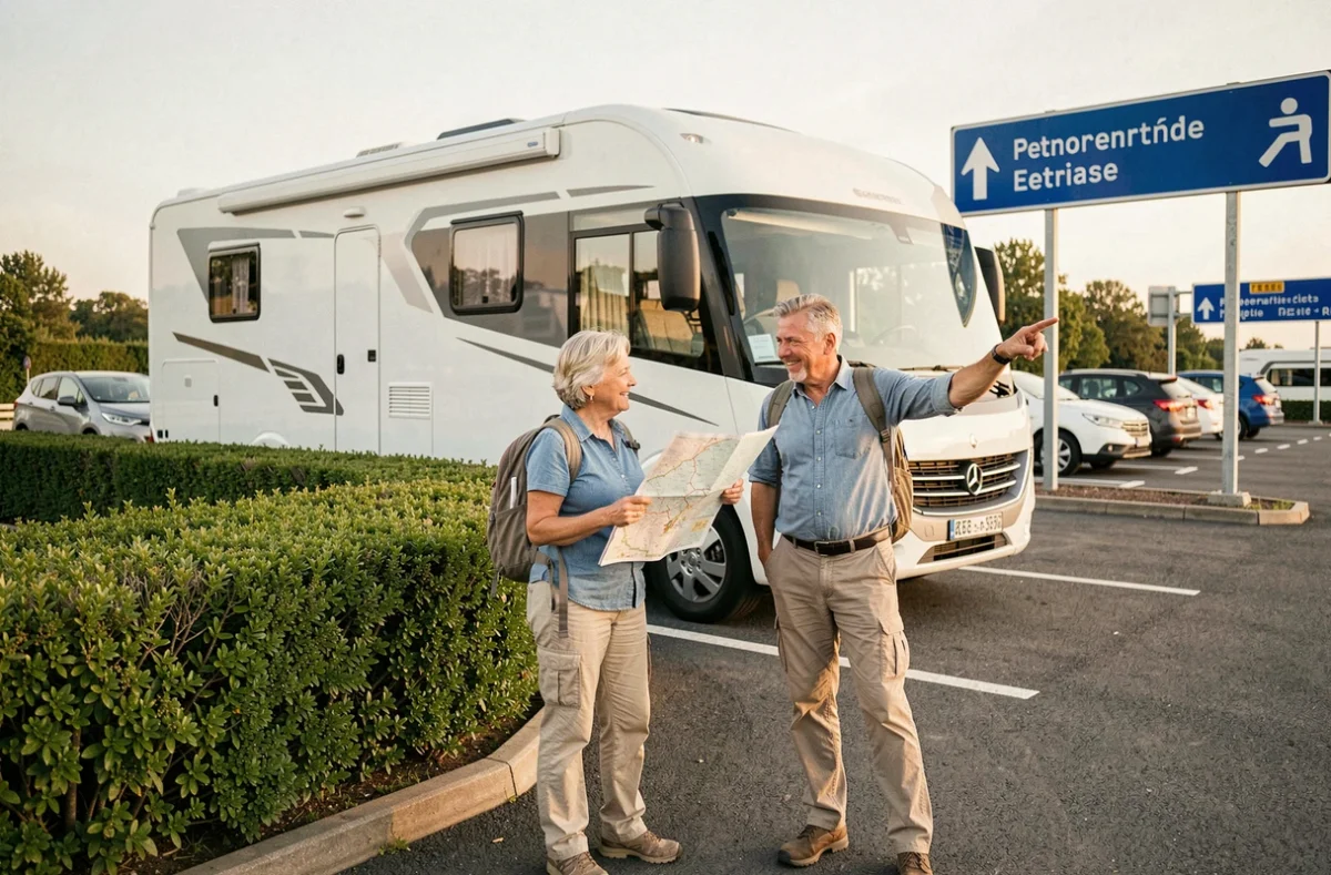 Couple de camping-caristes consultant une carte routière sur une aire d'autoroute française