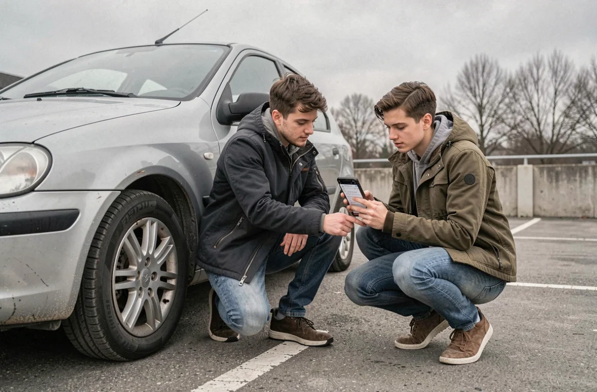 Couple inspectant une voiture d'occasion avec un rapport de contrôle sur smartphone avant l'achat