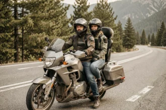 Couple de motards sur une moto de tourisme avec selle passager confortable et repose-dos en montagne