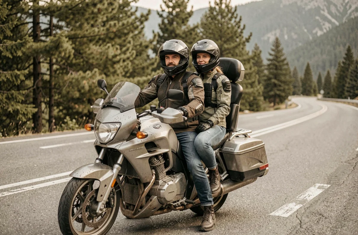 Couple de motards sur une moto de tourisme avec selle passager confortable et repose-dos en montagne