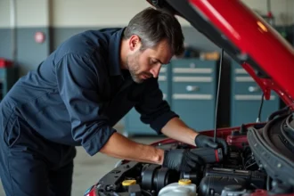 Technicien automobile connectant un scanner OBD2 sur une Peugeot 208 GTi rouge pour diagnostiquer le défaut P0087