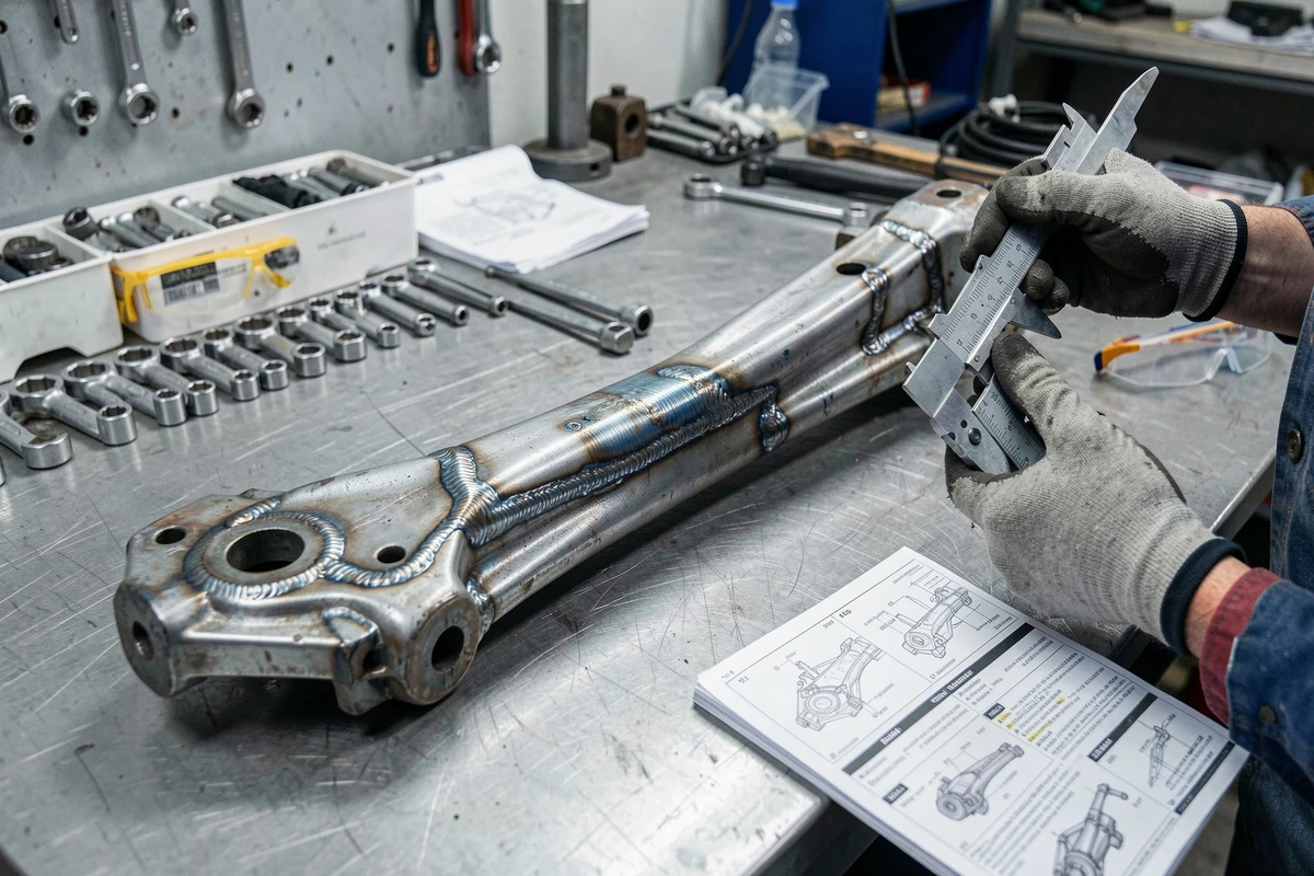Essieu de train arrière de Peugeot 206 renforcé par soudure sur établi d'atelier, mesure au pied à coulisse par un technicien