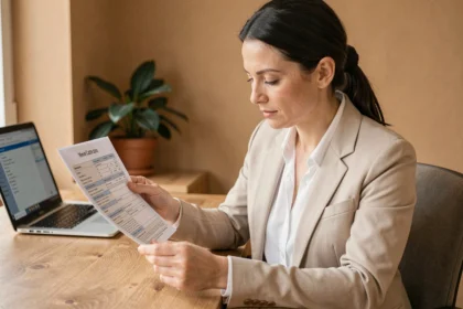 Femme consultant les chevaux fiscaux sur une carte grise de véhicule hybride à son bureau