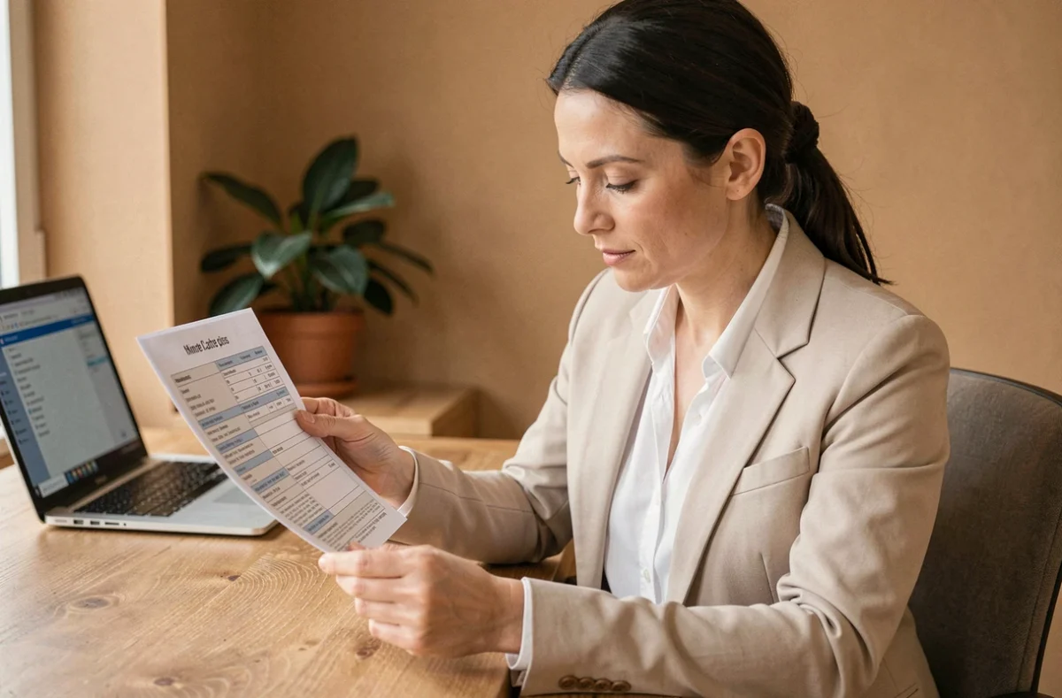 Femme consultant les chevaux fiscaux sur une carte grise de véhicule hybride à son bureau