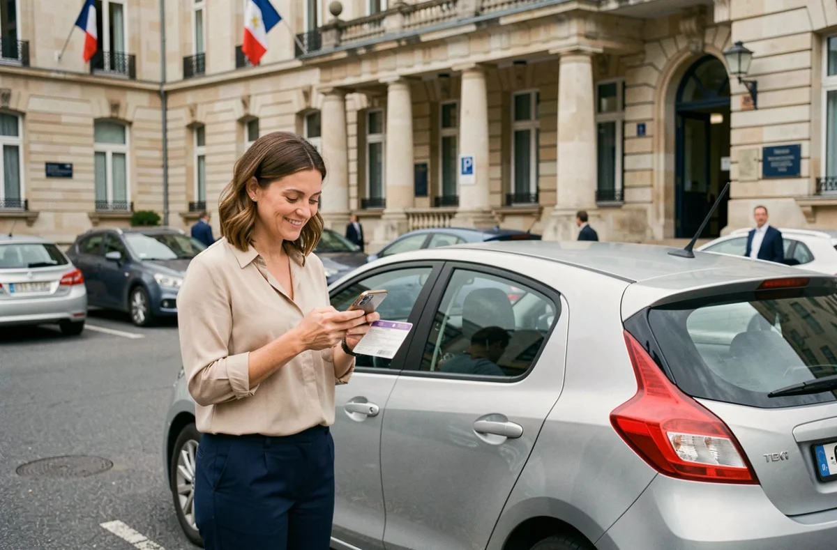 Femme tenant sa carte grise devant une préfecture française avec sa voiture