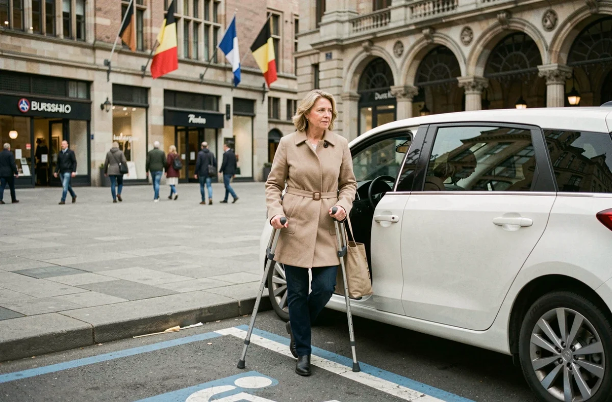 Femme avec une mobilité réduite sortant d'un véhicule adapté sur une place PMR à Bruxelles près de la Grand-Place