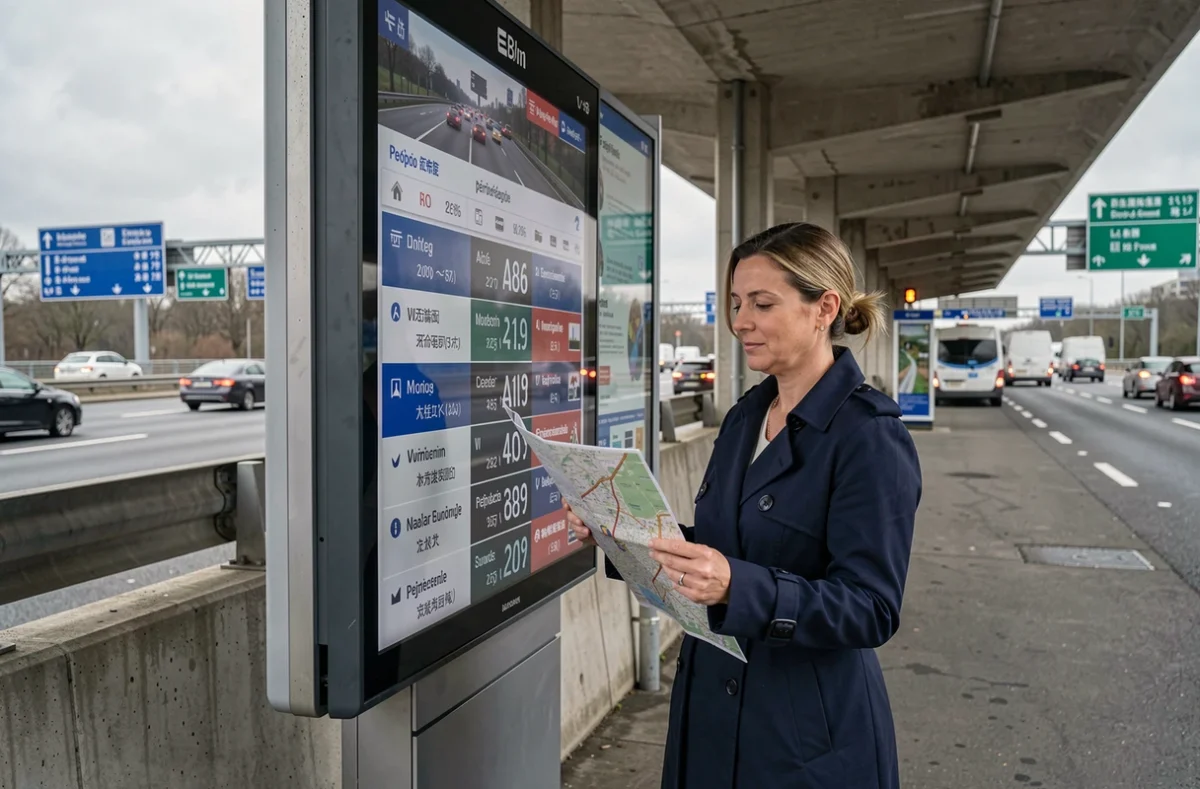Femme comparant une carte routière et un panneau d'information trafic sur une autoroute d'Île-de-France