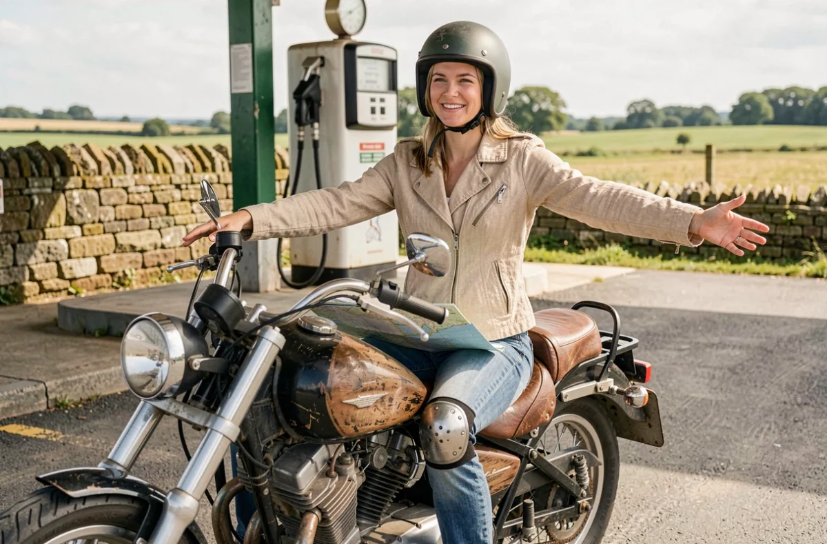 Femme passagère moto détendue à une station-service de campagne portant un équipement de protection confortable