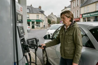 Femme faisant le plein d'essence dans une station-service de Roanne avec affichage du prix au litre