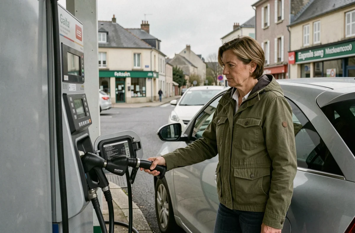 Femme faisant le plein d'essence dans une station-service de Roanne avec affichage du prix au litre